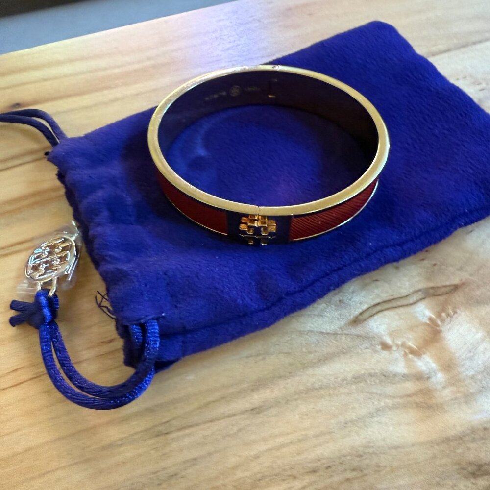 Tory Burch Leather Inlay Hinged Bangle Bracelet - Picture 9 of 10